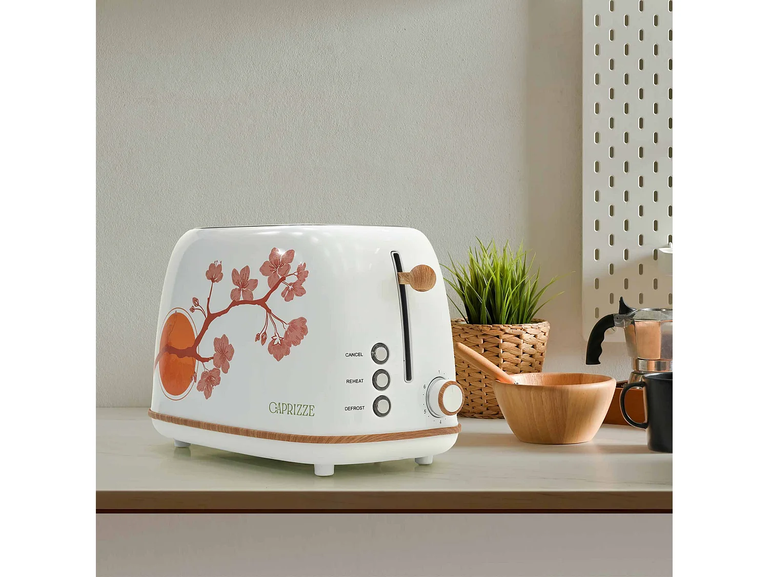 Tostadora de Pan Caprizze Kaito con Doble Ranura Extra Ancha 6 Niveles de Tostado Decoración Floral y Efecto Madera Blanca Mate