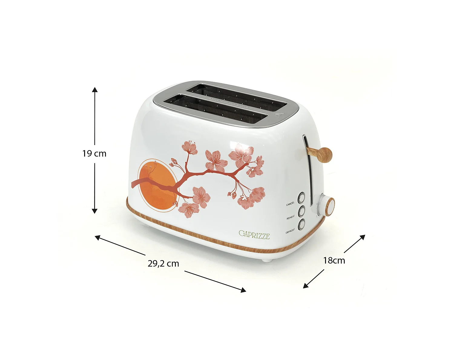 Tostadora de Pan Caprizze Kaito con Doble Ranura Extra Ancha 6 Niveles de Tostado Decoración Floral y Efecto Madera Blanca Mate