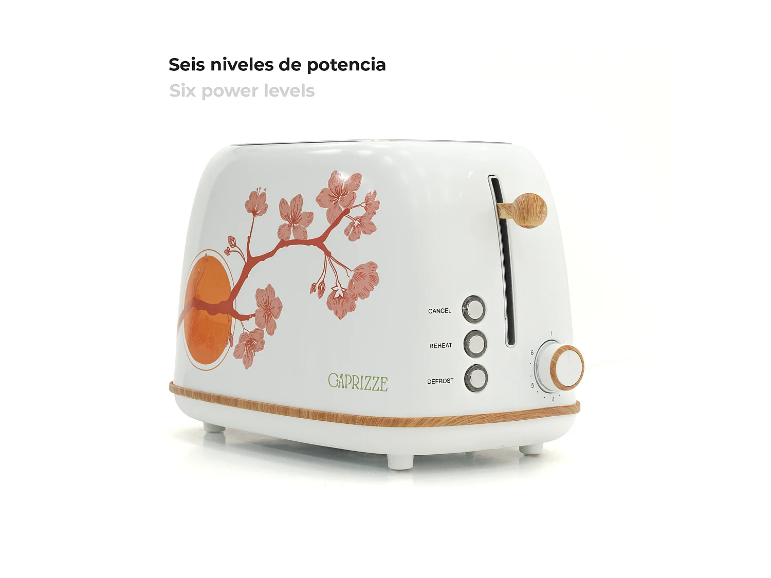 Tostadora de Pan Caprizze Kaito con Doble Ranura Extra Ancha 6 Niveles de Tostado Decoración Floral y Efecto Madera Blanca Mate