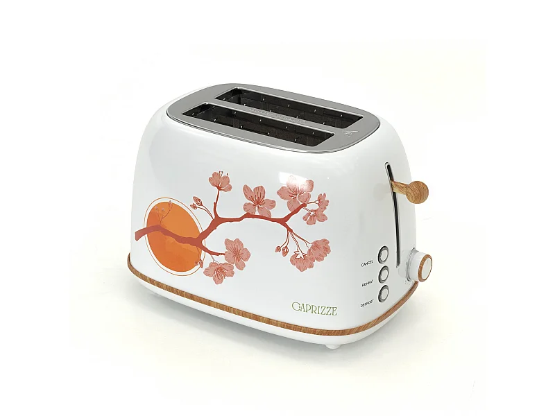 Tostadora de Pan Caprizze Kaito con Doble Ranura Extra Ancha 6 Niveles de Tostado Decoración Floral y Efecto Madera Blanca Mate