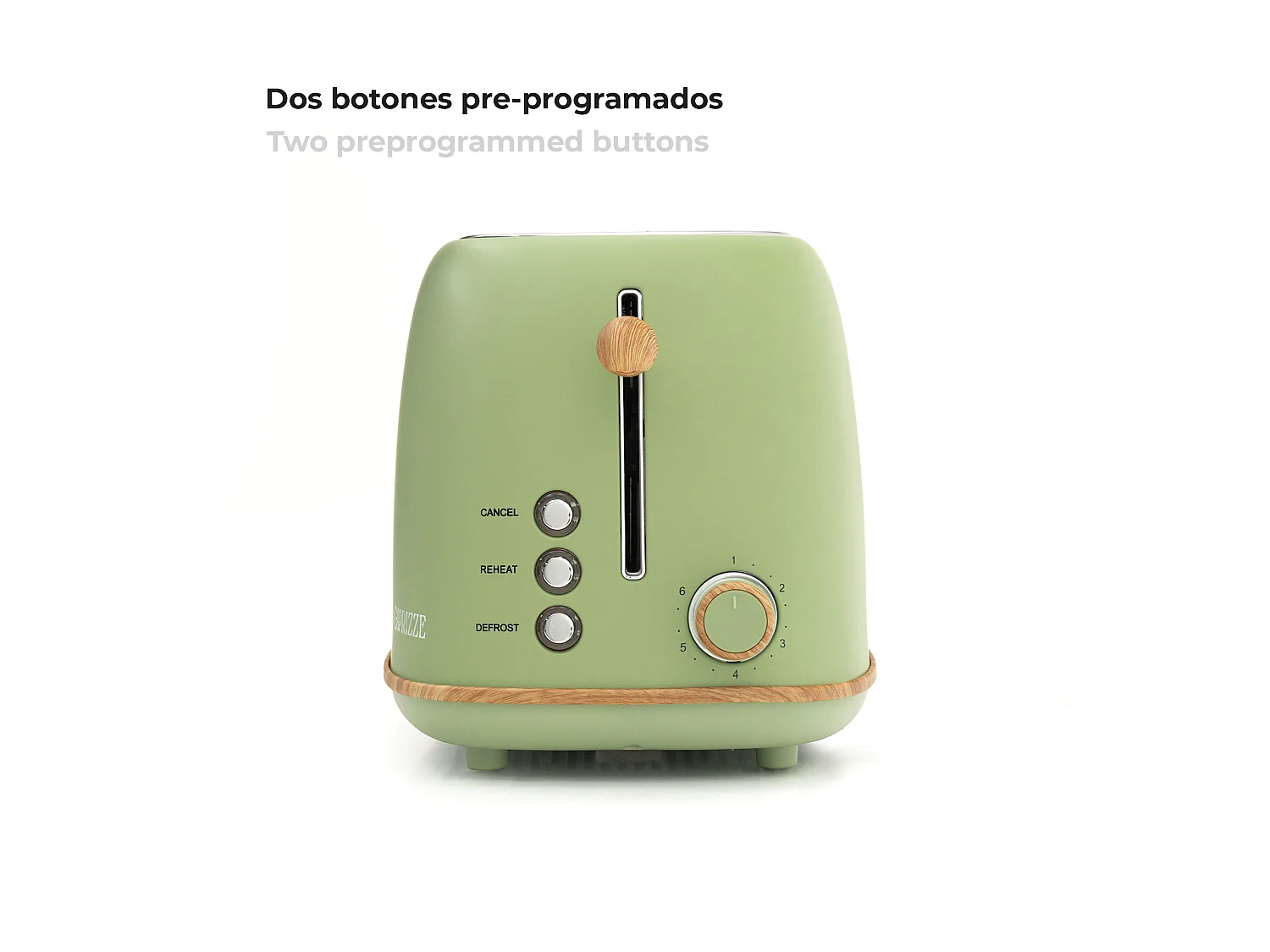 Tostadora de Pan Caprizze Kaito con Doble Ranura Extra Ancha 6 Niveles de Tostado Decoración Floral y Efecto Madera Verde Mate