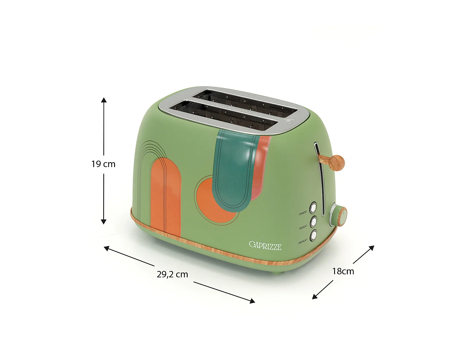 Tostadora de Pan Caprizze Kaito con Doble Ranura Extra Ancha 6 Niveles de Tostado Decoración Floral y Efecto Madera Verde Mate