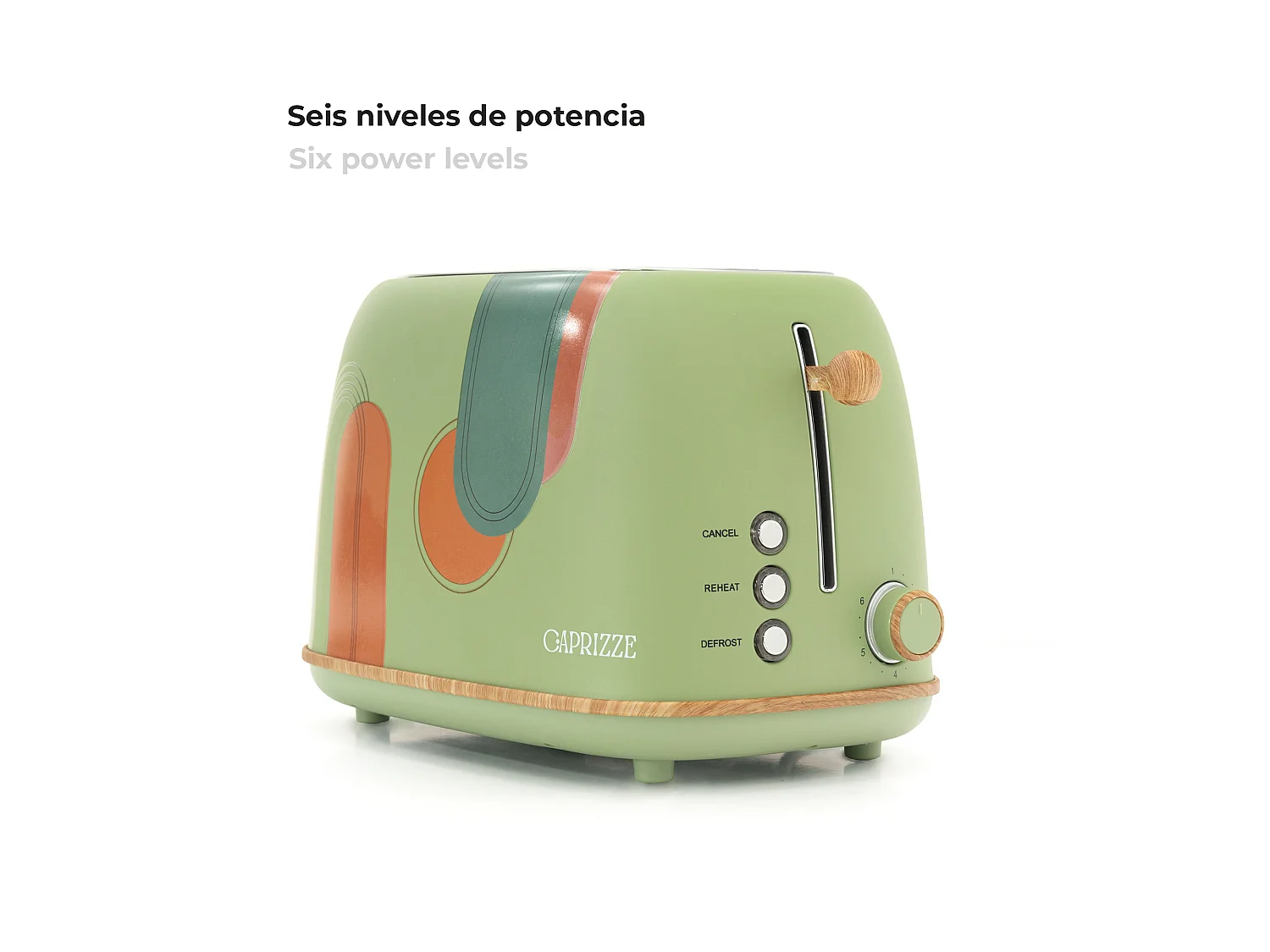 Tostadora de Pan Caprizze Kaito con Doble Ranura Extra Ancha 6 Niveles de Tostado Decoración Floral y Efecto Madera Verde Mate