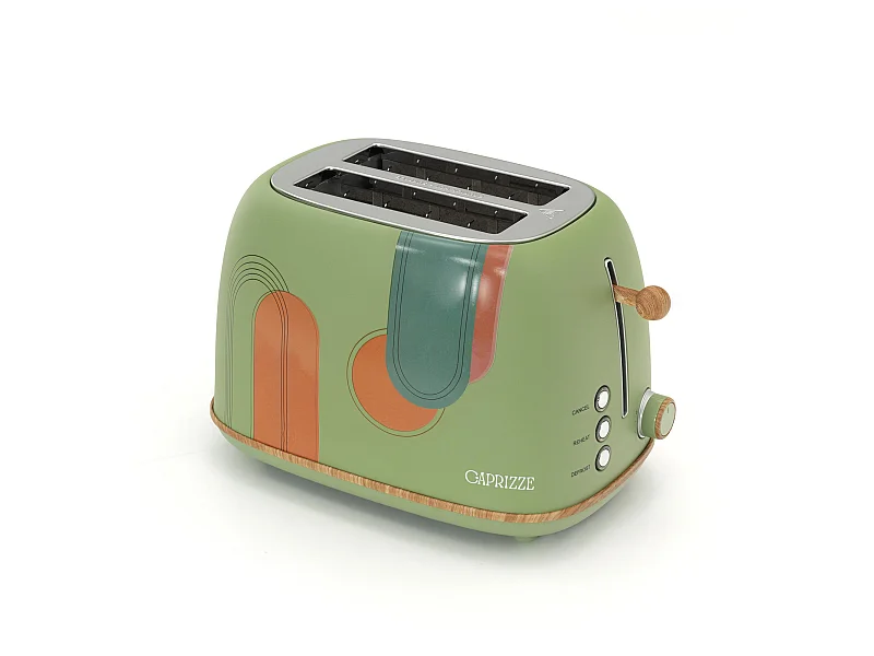 Tostadora de Pan Caprizze Kaito con Doble Ranura Extra Ancha 6 Niveles de Tostado Decoración Floral y Efecto Madera Verde Mate