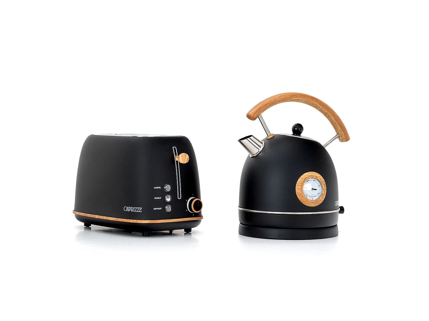 Pack Grille-Pain Caprizze Kaito avec Double Fente Extra Large et Bouilloire Nara Couleur Noir Mat avec Design Rétro Vintage