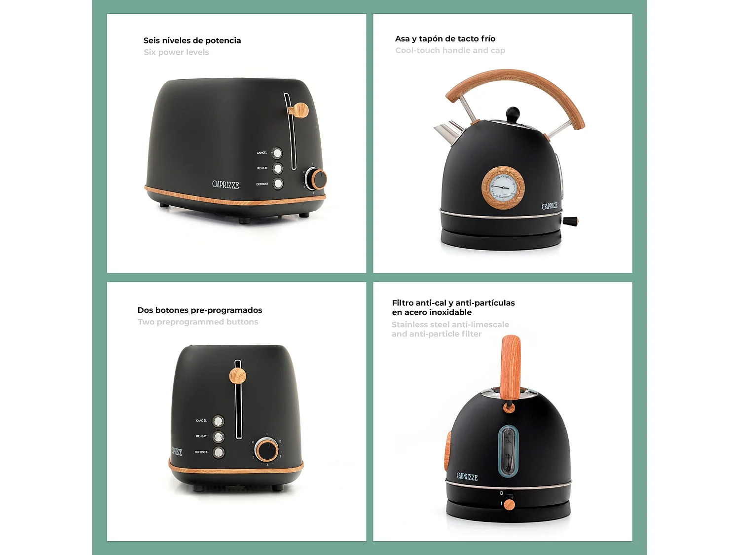 Pack Grille-Pain Caprizze Kaito avec Double Fente Extra Large et Bouilloire Nara Couleur Noir Mat avec Design Rétro Vintage