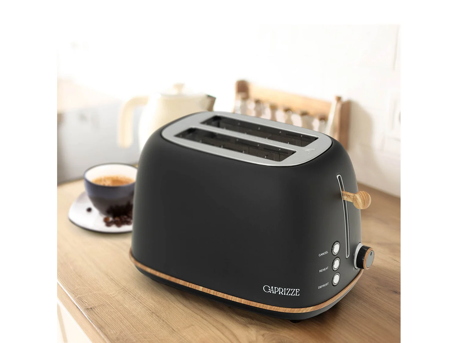 Pack Grille-Pain Caprizze Kaito avec Double Fente Extra Large et Bouilloire Nara Couleur Noir Mat avec Design Rétro Vintage