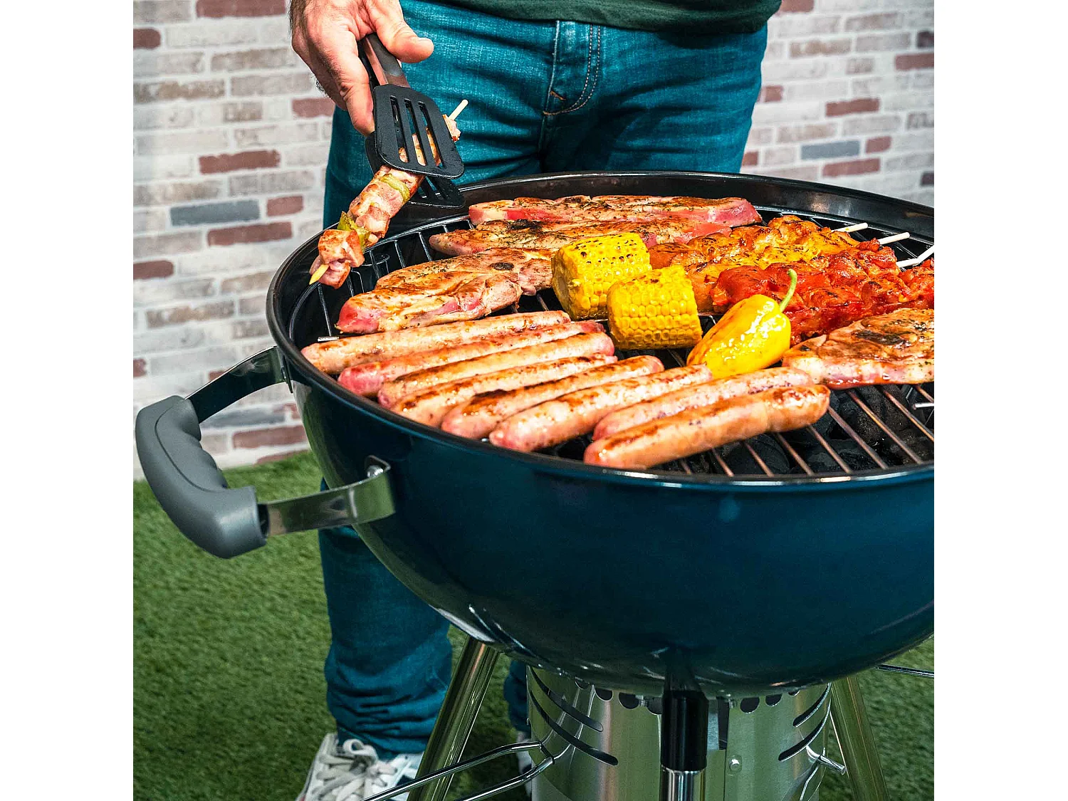 Barbecue au Charbon à Roulettes Kekai Yellowstone 58x47x100 cm Rond avec Couvercle et Briquet Couleur Bleu