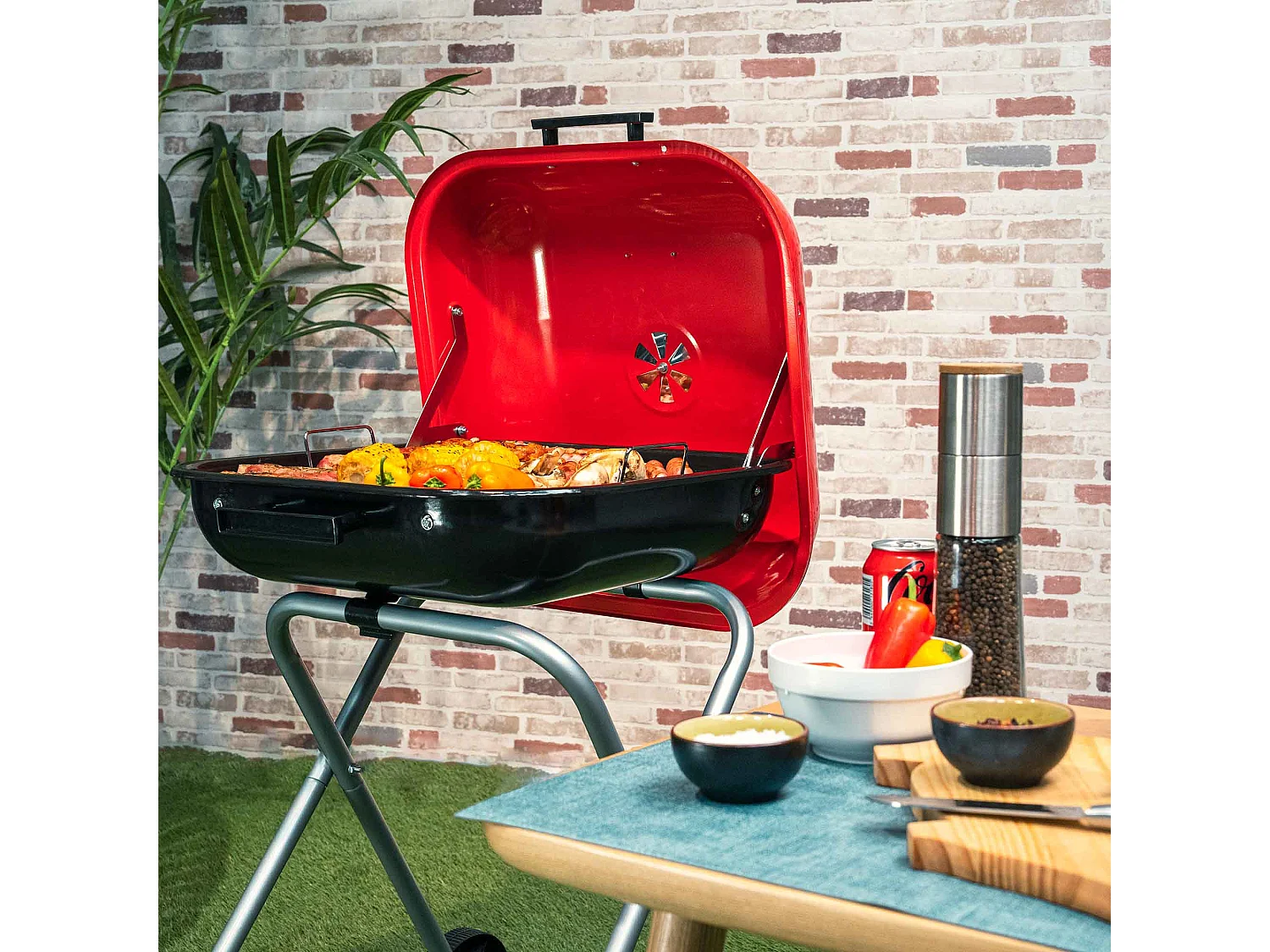 Barbecue au Charbon Pliable à Roulettes en Acier Kekai Flathead 50x47x79 cm Clapets et Grilles Carré Couleur Rouge