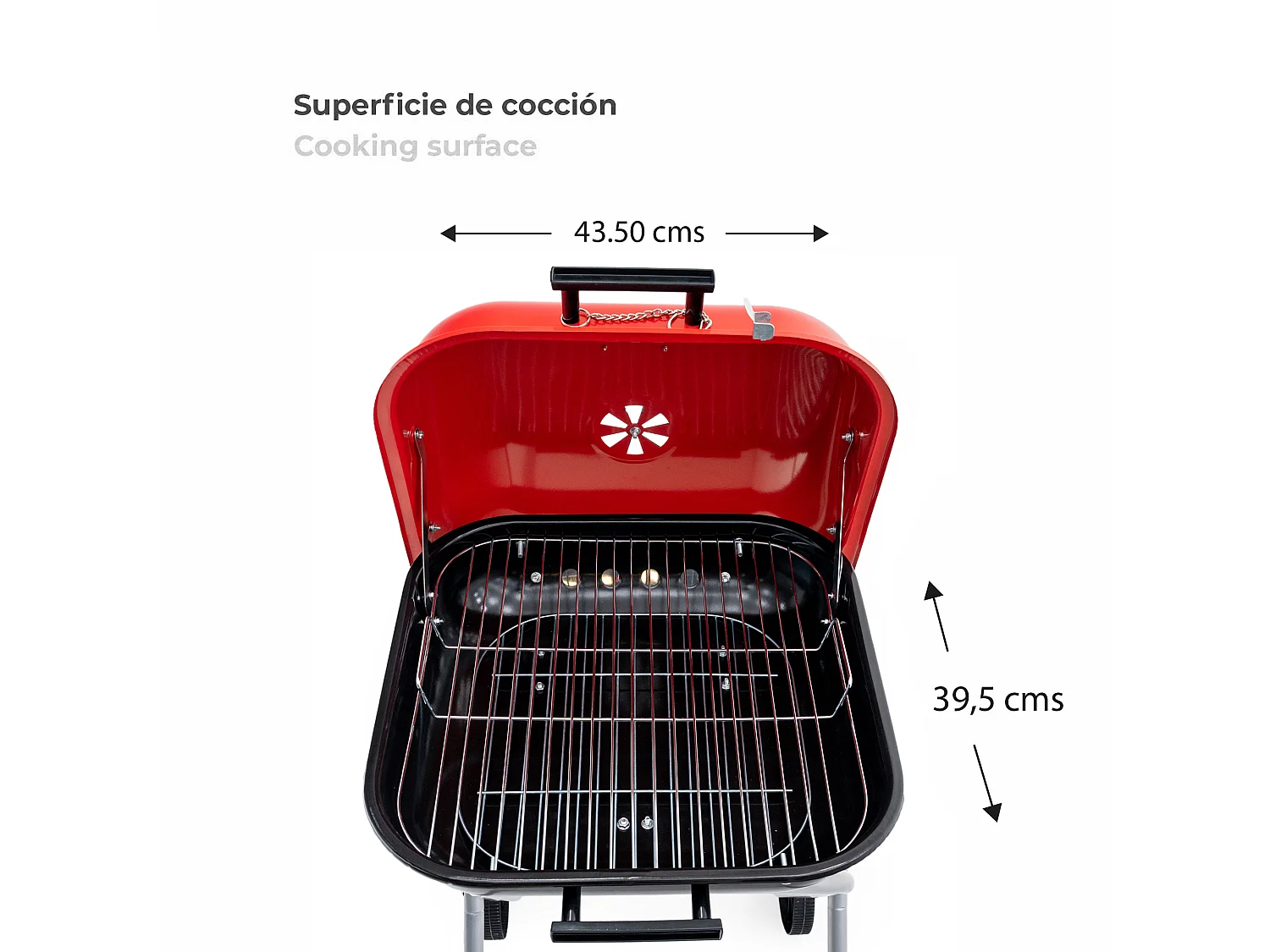 Barbecue au Charbon Pliable à Roulettes en Acier Kekai Flathead 50x47x79 cm Clapets et Grilles Carré Couleur Rouge