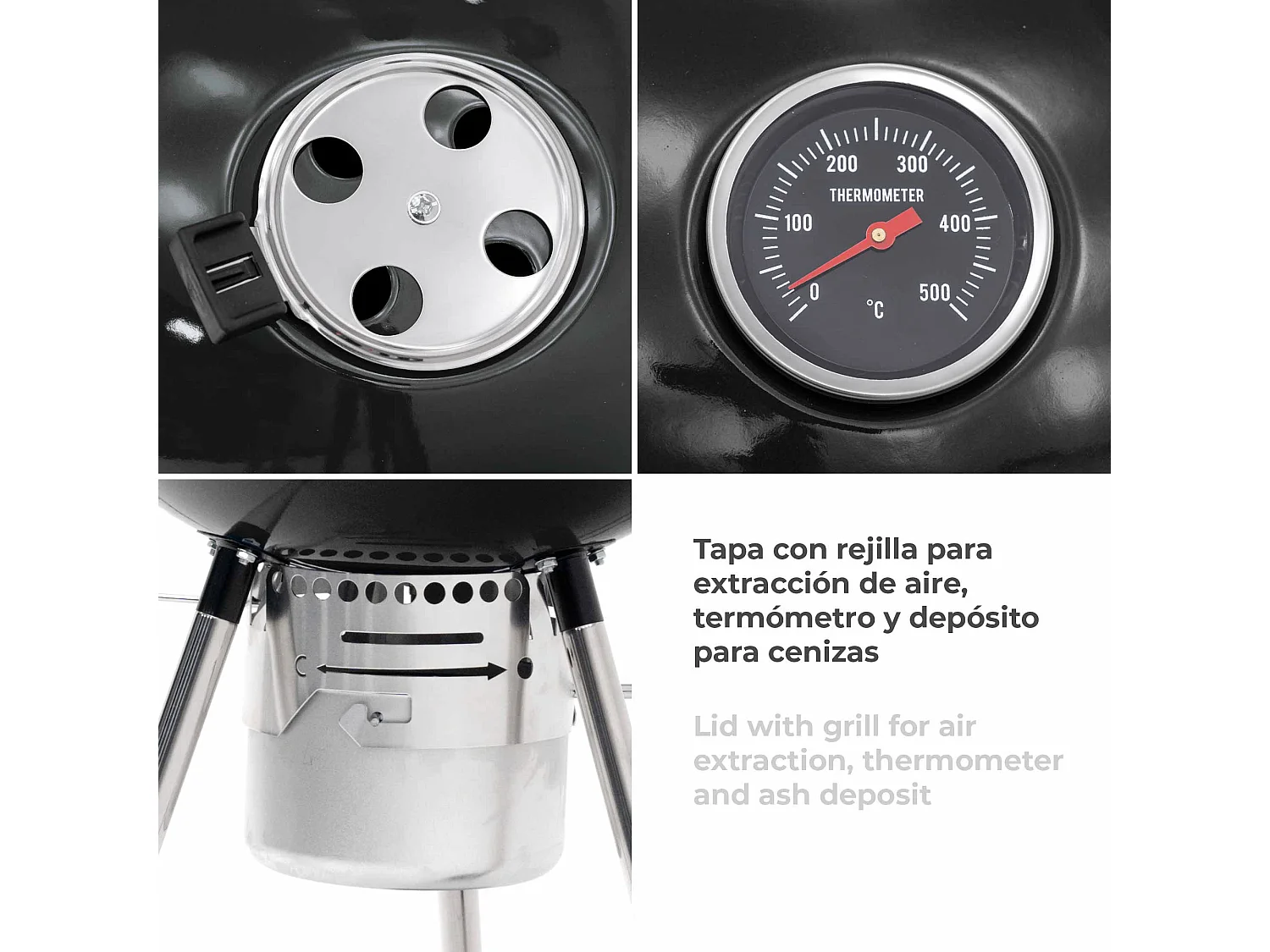 Barbecue au Charbon à Roulettes Kekai Yellowstone 58x47x100 cm Rond avec Couvercle et Briquet Couleur Émaillé Noir