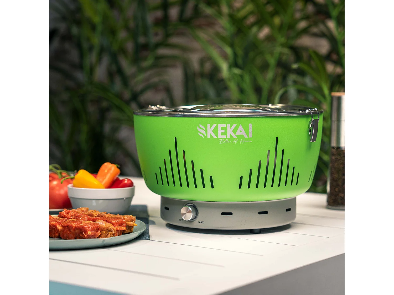 Barbecue de Table Portable au Charbon Kekai Crater 35x35x25 cm Vert Cuve Récupération Graisses Ventilateur Réglable