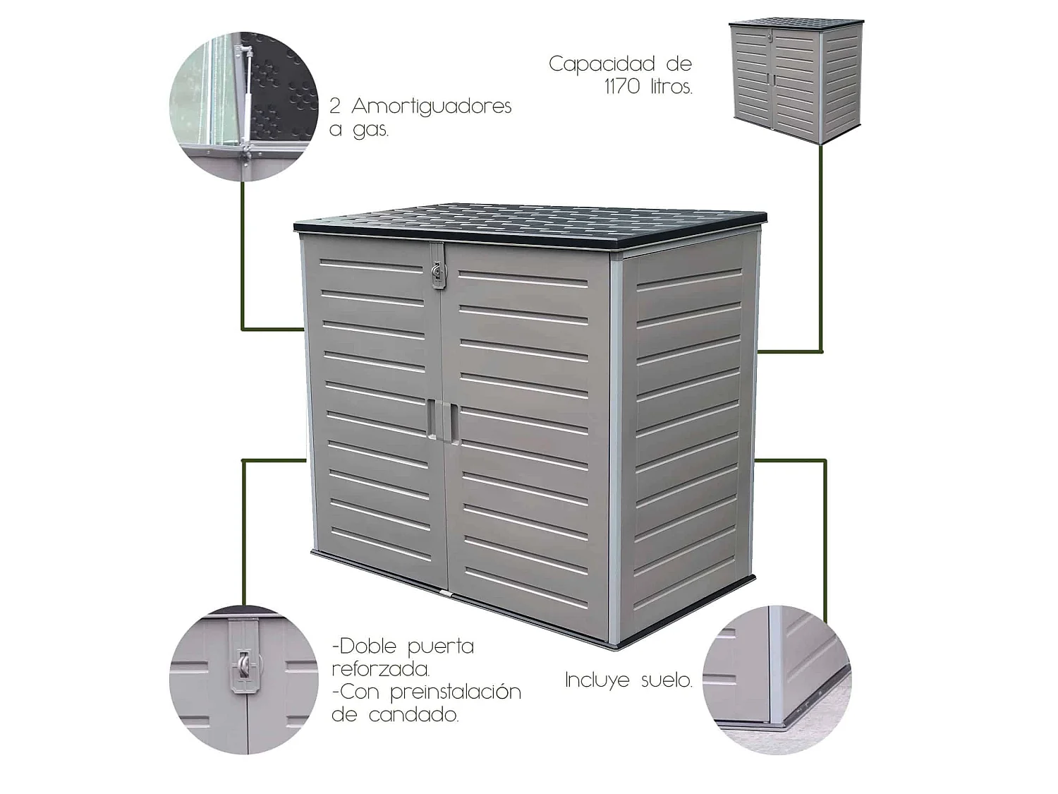 Baule in Resina Gardiun Soften II 1.170 L 140x82x123 cm Con Molle a Gas Grigio