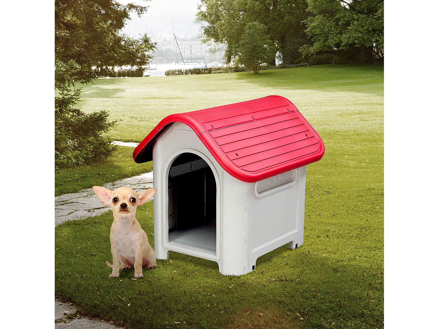 Niche pour Chien Petit Gardiun Kira 75x59x66 cm Fabriquée en Résine Couleur Beige/Rouge