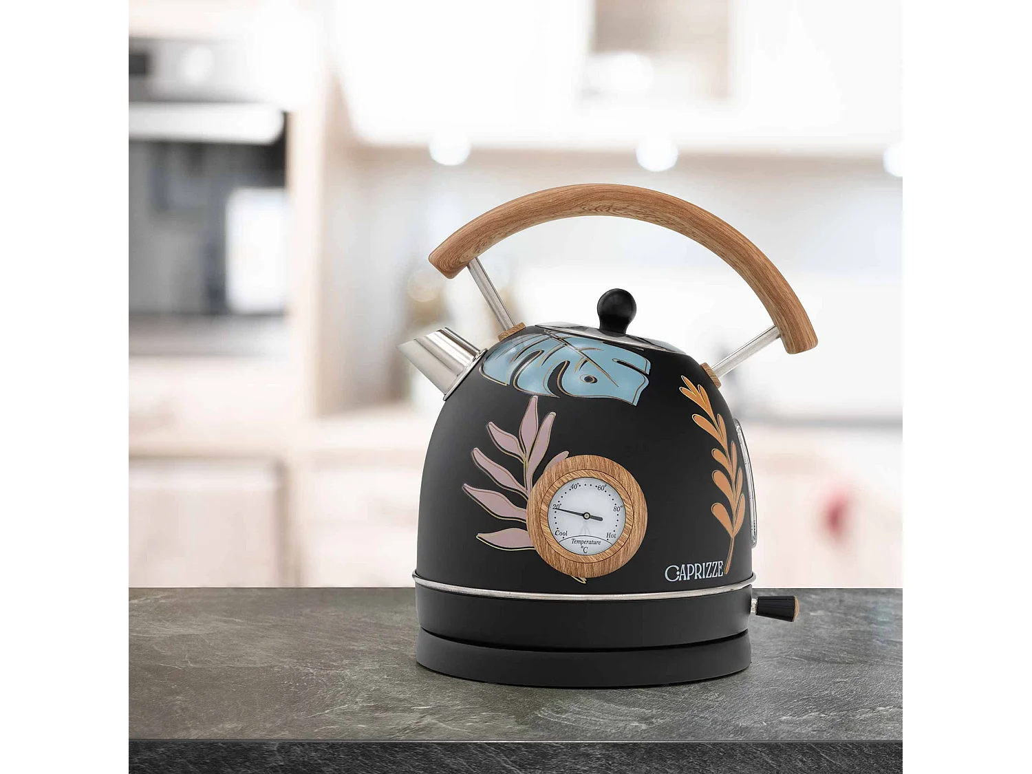 Bollitore d'acqua Caprizze 2200 W in acciaio inox termometro integrato capacitá 1.8 L decorazione floreale e effetto legno