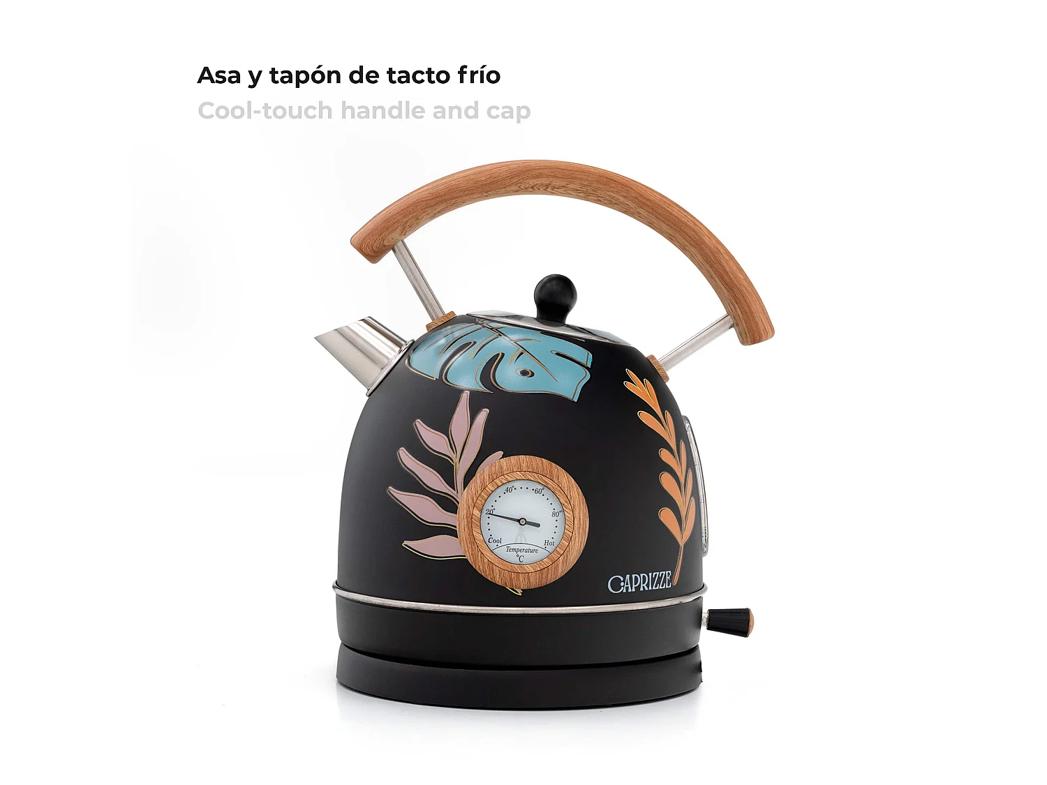 Bollitore d'acqua Caprizze 2200 W in acciaio inox termometro integrato capacitá 1.8 L decorazione floreale e effetto legno