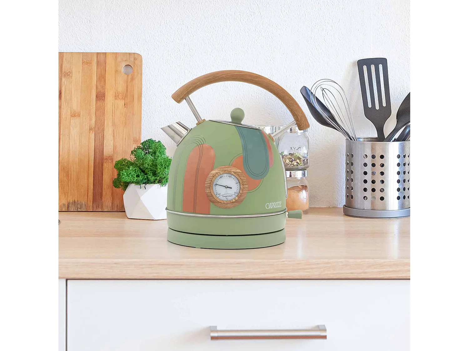 Bollitore d'acqua Caprizze Nara 2200 W in acciaio inox termometro integrato capacitá 1.8 L decorazione floreale e effetto legno