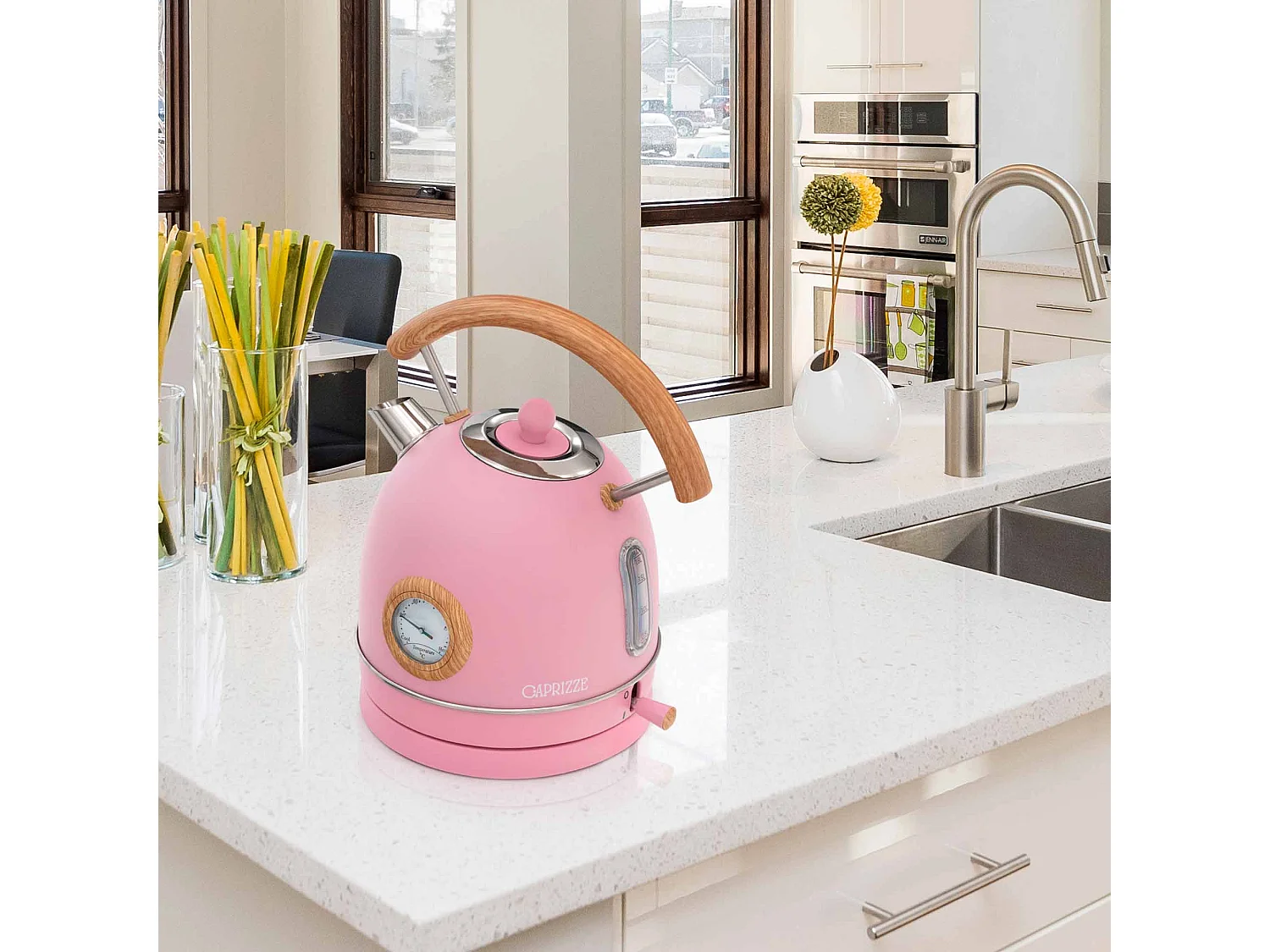 Bouilloire Caprizze Nara 2200 W en Acier Inoxydable avec Thermomètre Intégré Capacité 1,8 L Rose Mat et Effet Bois