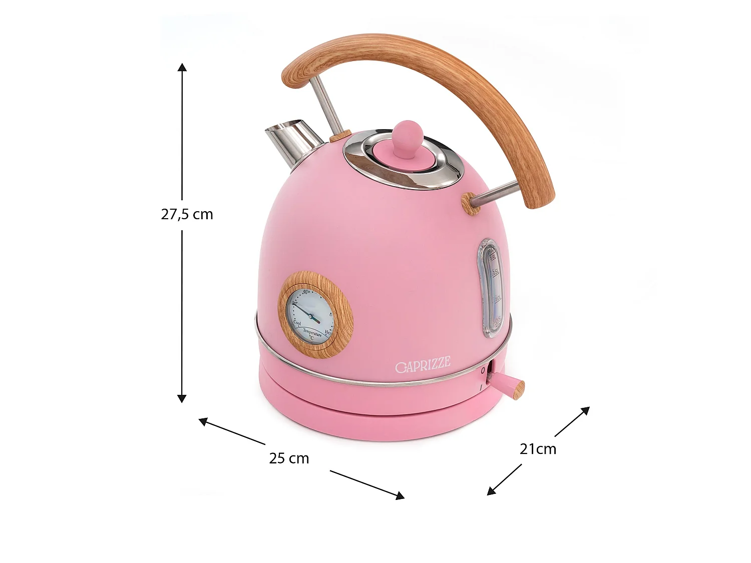 Bouilloire Caprizze Nara 2200 W en Acier Inoxydable avec Thermomètre Intégré Capacité 1,8 L Rose Mat et Effet Bois