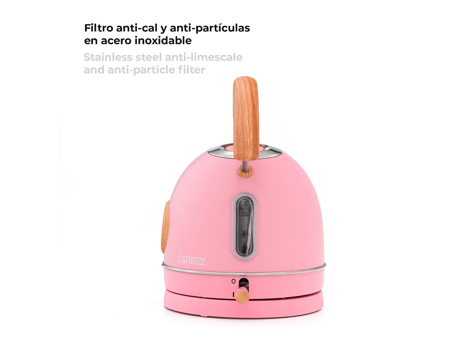 Bouilloire Caprizze Nara 2200 W en Acier Inoxydable avec Thermomètre Intégré Capacité 1,8 L Rose Mat et Effet Bois