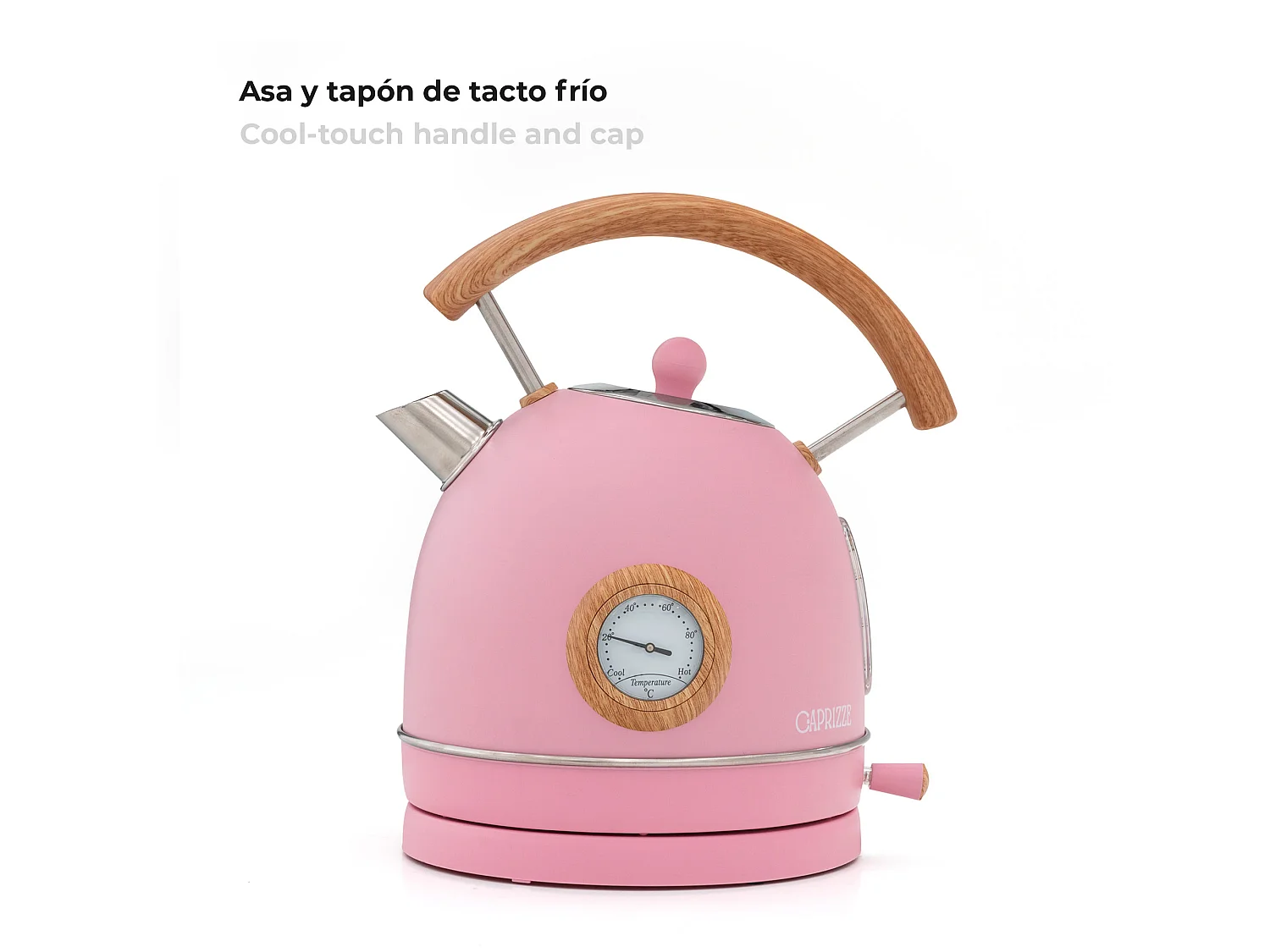 Hervidor de Agua Caprizze Nara 2200 W de Acero Inoxidable con Termómetro Integrado Capacidad 1.8 L Rosa Mate y Efecto Madera