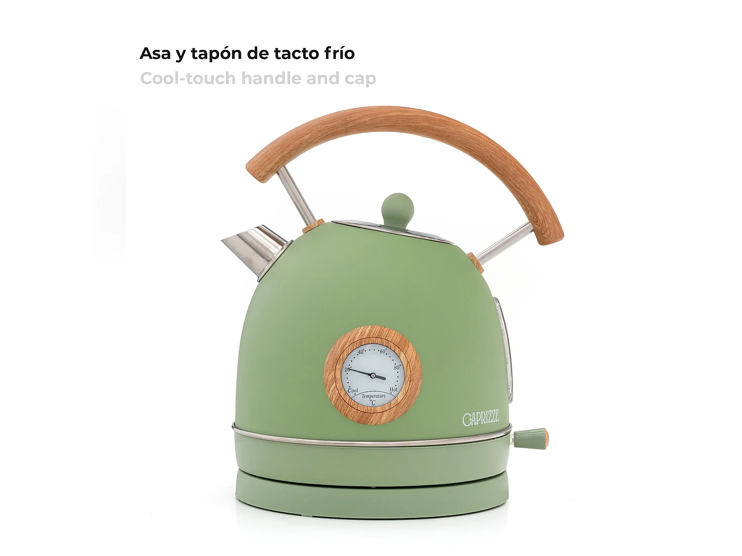 Hervidor de Agua Caprizze Nara 2200 W de Acero Inoxidable con Termómetro Integrado Capacidad 1.8 L Verde Mate y Efecto Madera
