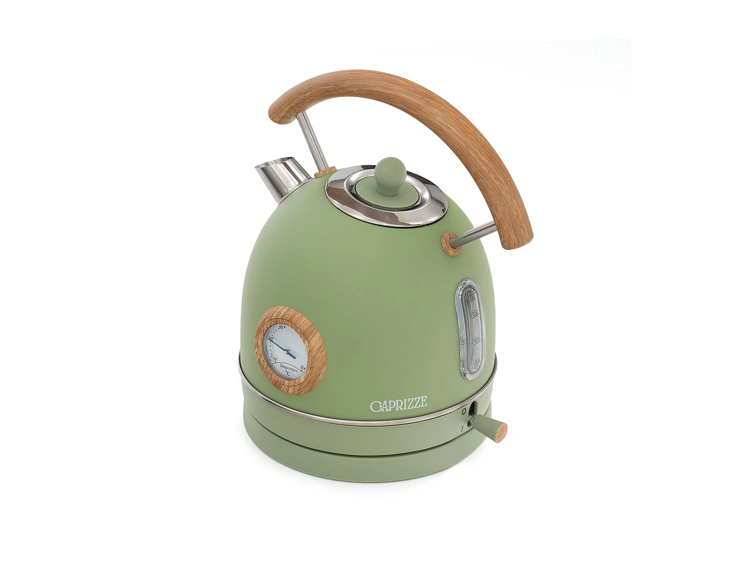 Hervidor de Agua Caprizze Nara 2200 W de Acero Inoxidable con Termómetro Integrado Capacidad 1.8 L Verde Mate y Efecto Madera