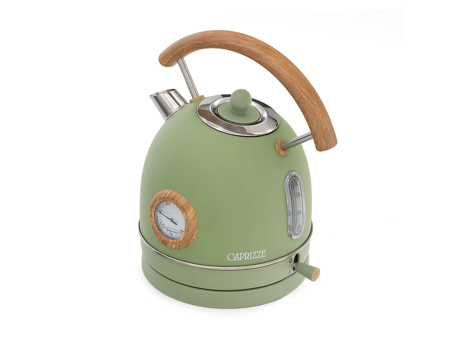 Bouilloire Caprizze Nara 2200 W en Acier Inoxydable avec Thermomètre Intégré Capacité 1,8 L Vert Mat et Effet Bois