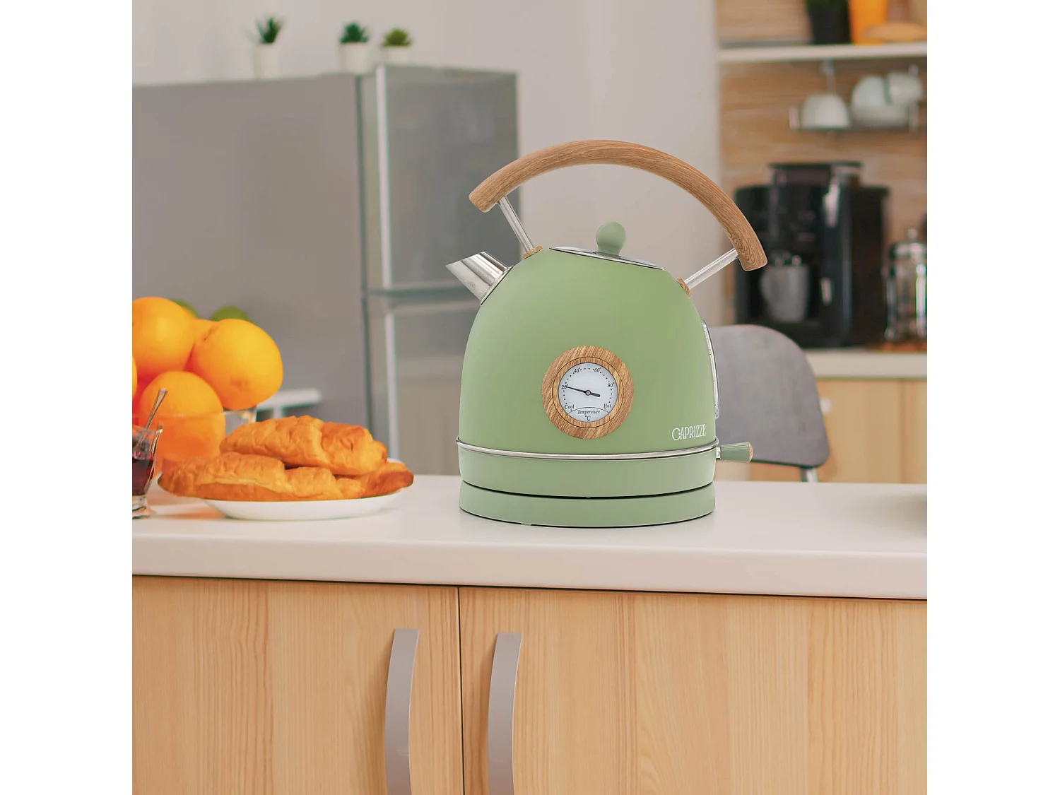 Bouilloire Caprizze Nara 2200 W en Acier Inoxydable avec Thermomètre Intégré Capacité 1,8 L Vert Mat et Effet Bois