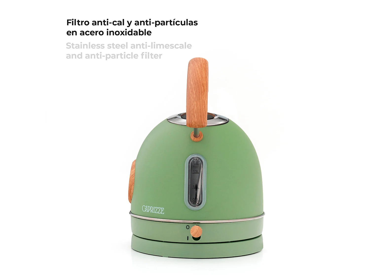 Bouilloire Caprizze Nara 2200 W en Acier Inoxydable avec Thermomètre Intégré Capacité 1,8 L Vert Mat et Effet Bois