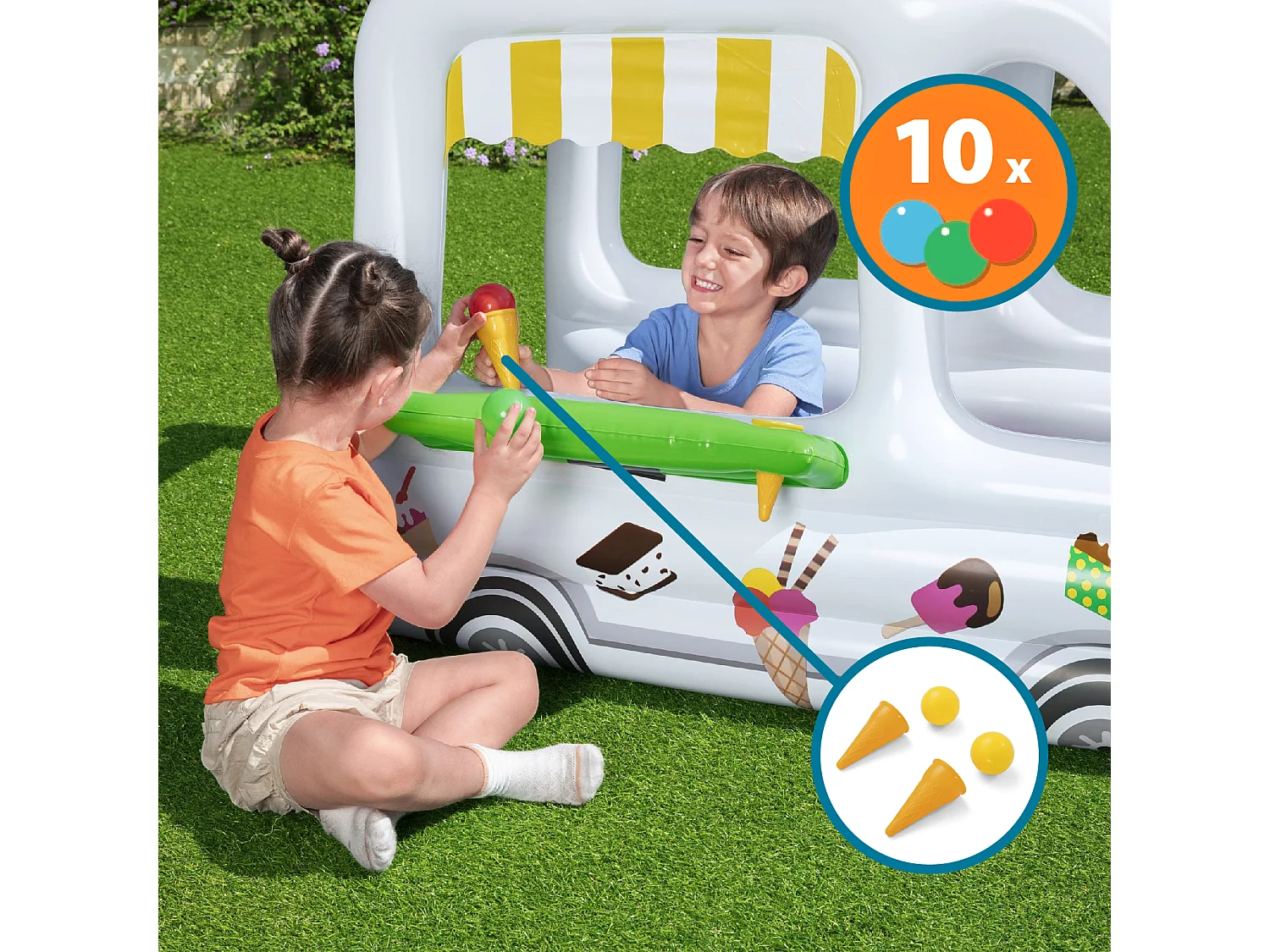 Château Gonflable avec 10 Balles de Jeu Bestway Scoops'n Smiles 122x84 cm Couleur Blanc avec Murs Gonflables