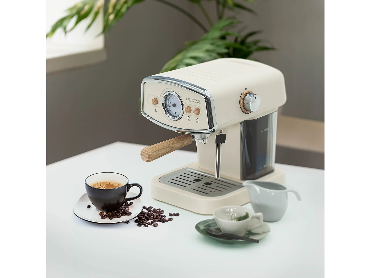 Machine à Café Espresso Caprizze Kai 1050W 15 Bars Semi-automatique Capacité 5 Tasses de Café Vaporisateur Blanc Mat