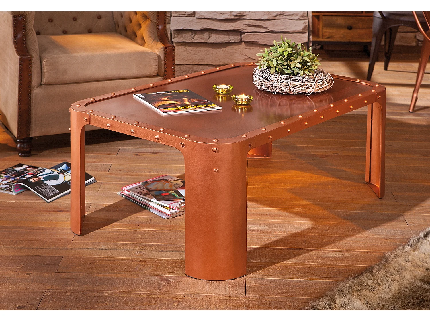 Table Basse Industrielle Métal "Wall" 110cm Cuivre