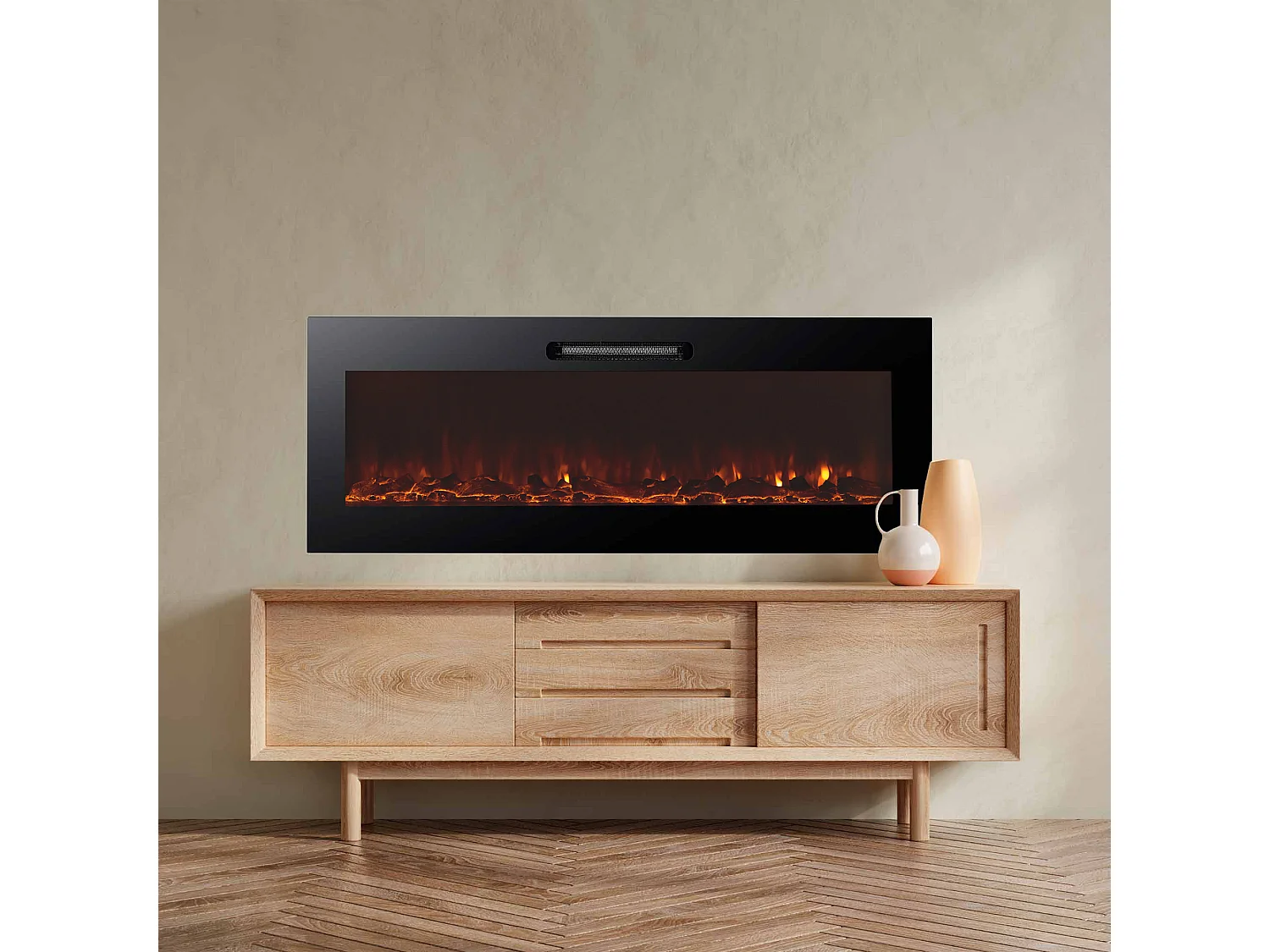 Cheminée Électrique Murale Encastrable 2000W Kekai Oregon 127x16x48 cm Noir avec Simulation de Feu Télécommande pour Intérieur