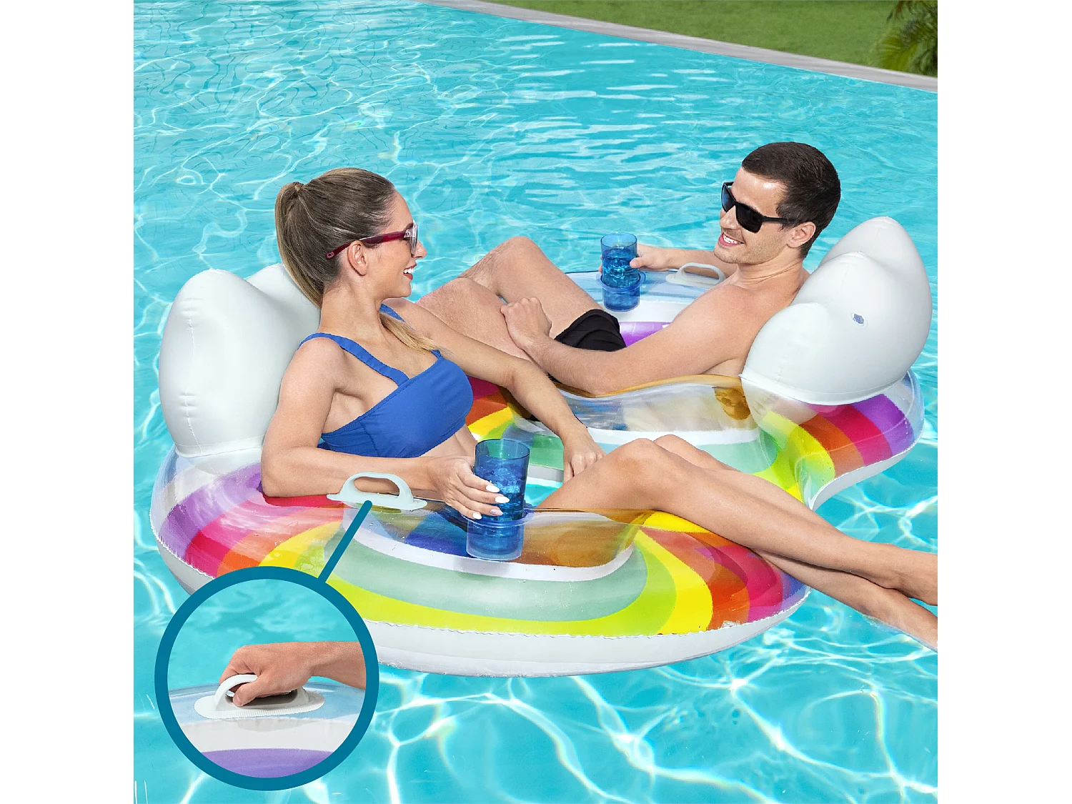 Bouée Gonflable Double pour Plage ou Piscine Bestway Rainbow Dreams Swin Tube 172x102 cm avec 2 Porte-Verres Multicolore
