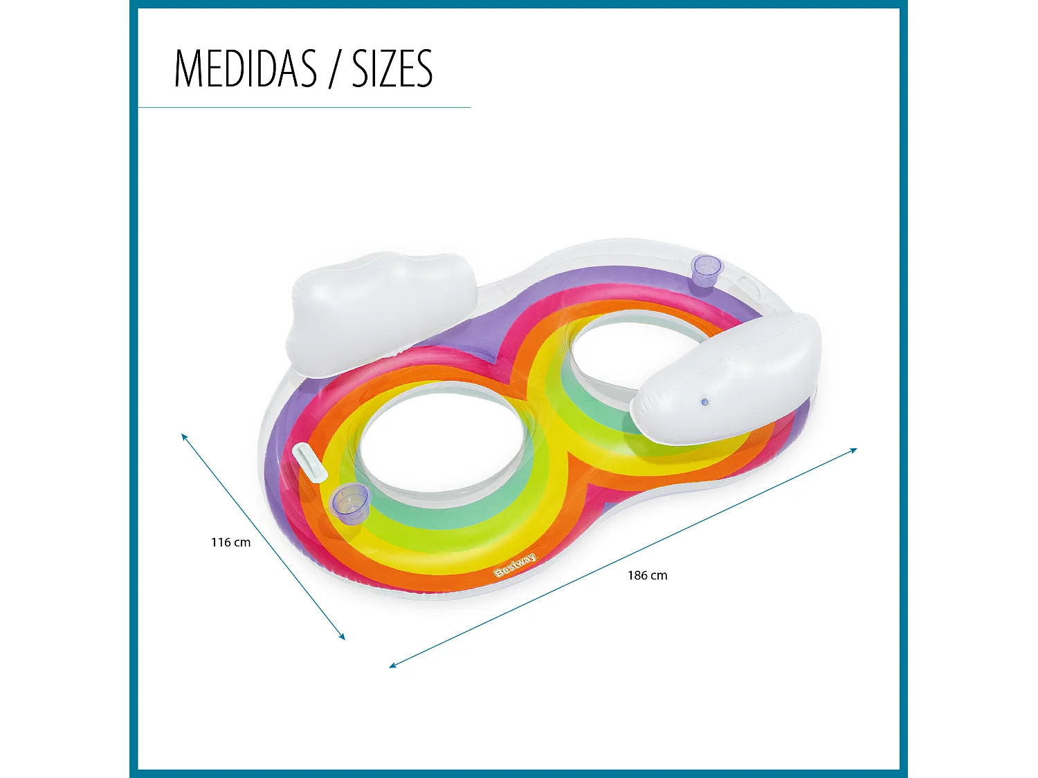 Bouée Gonflable Double pour Plage ou Piscine Bestway Rainbow Dreams Swin Tube 172x102 cm avec 2 Porte-Verres Multicolore