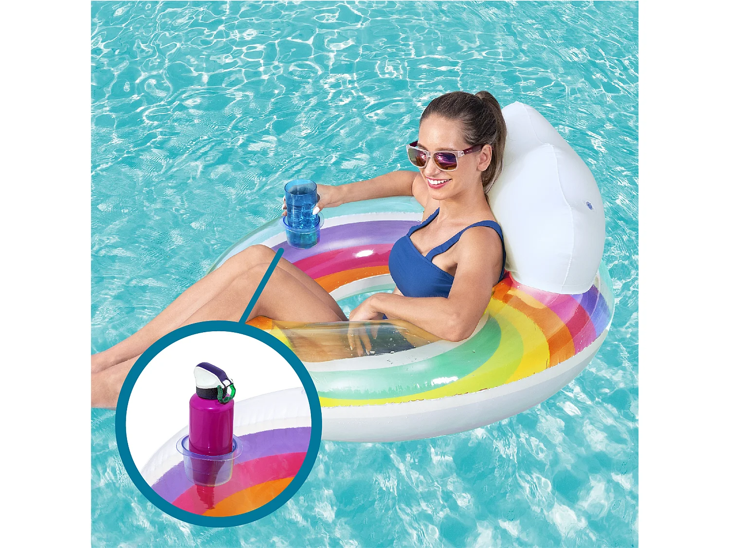 Bouée Gonflable pour Plage ou Piscine Bestway Rainbow Dreams Swin Tube 105x33 cm avec Porte-Verres Multicolore