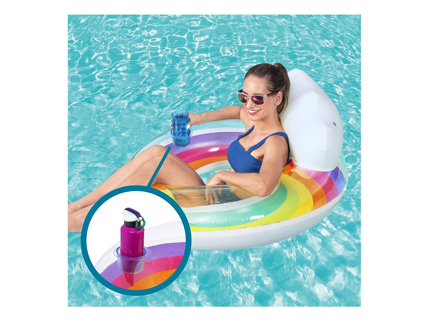 Flotador Hinchable para Playa o Piscina Bestway Rainbow Dreams Swin Tube 105x33 cm con Posavasos Multicolor