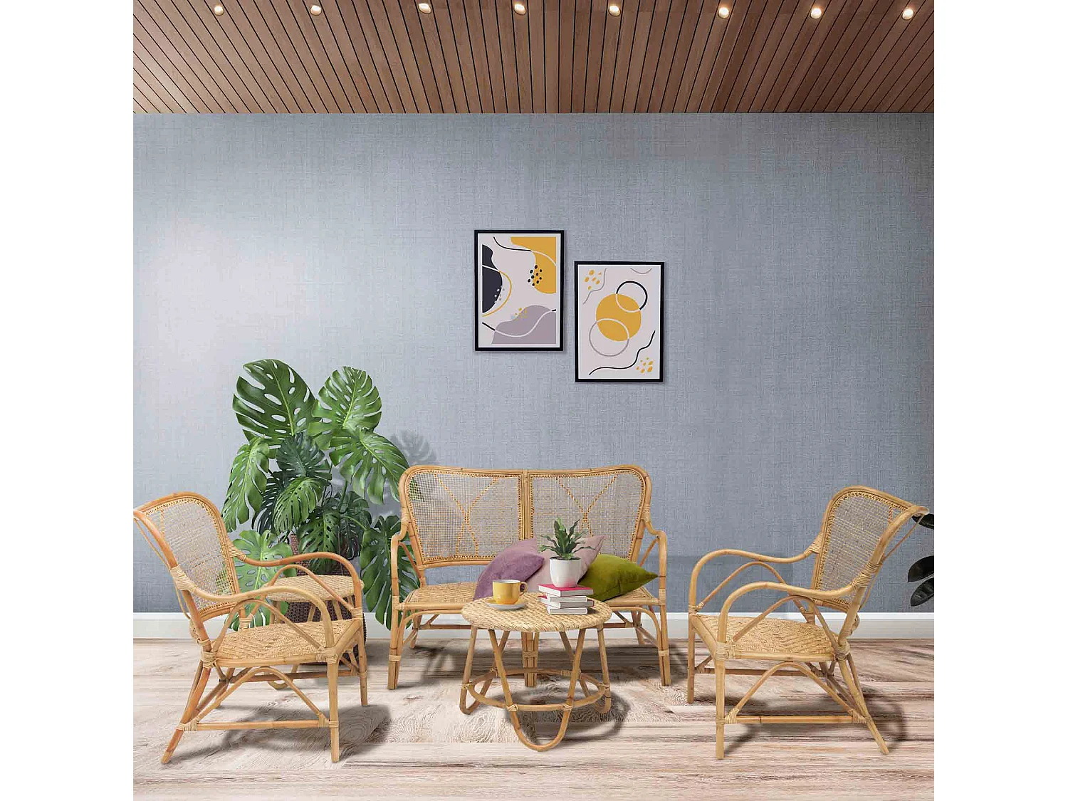 Conjunto de Sofá, 2 Sillas y 2 Mesas Auxiliares para Jardín 4 Personas Chillvert Parma 108x72x85 cm Ratán Natural y Mimbre