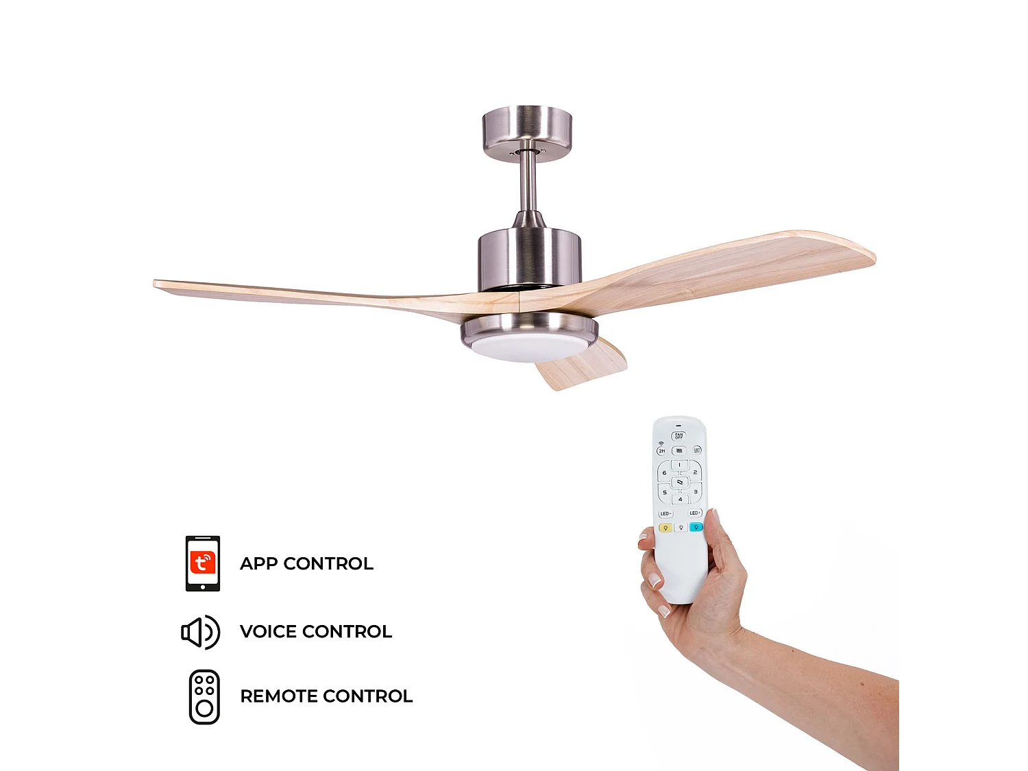 Ventilatore da Soffitto Kekai Tramontana DC 132x40cm 55W Argento con Pale in Legno, Luce Regolabile, Timer e App Smart