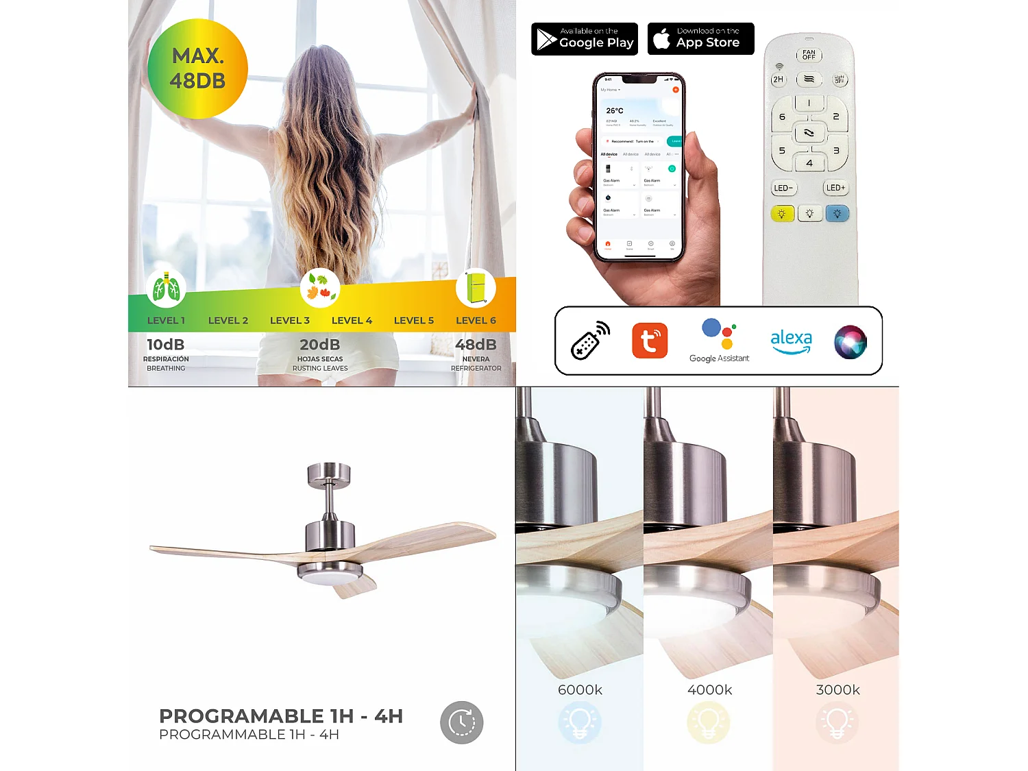 Ventilatore da Soffitto Kekai Tramontana DC 132x40cm 55W Argento con Pale in Legno, Luce Regolabile, Timer e App Smart