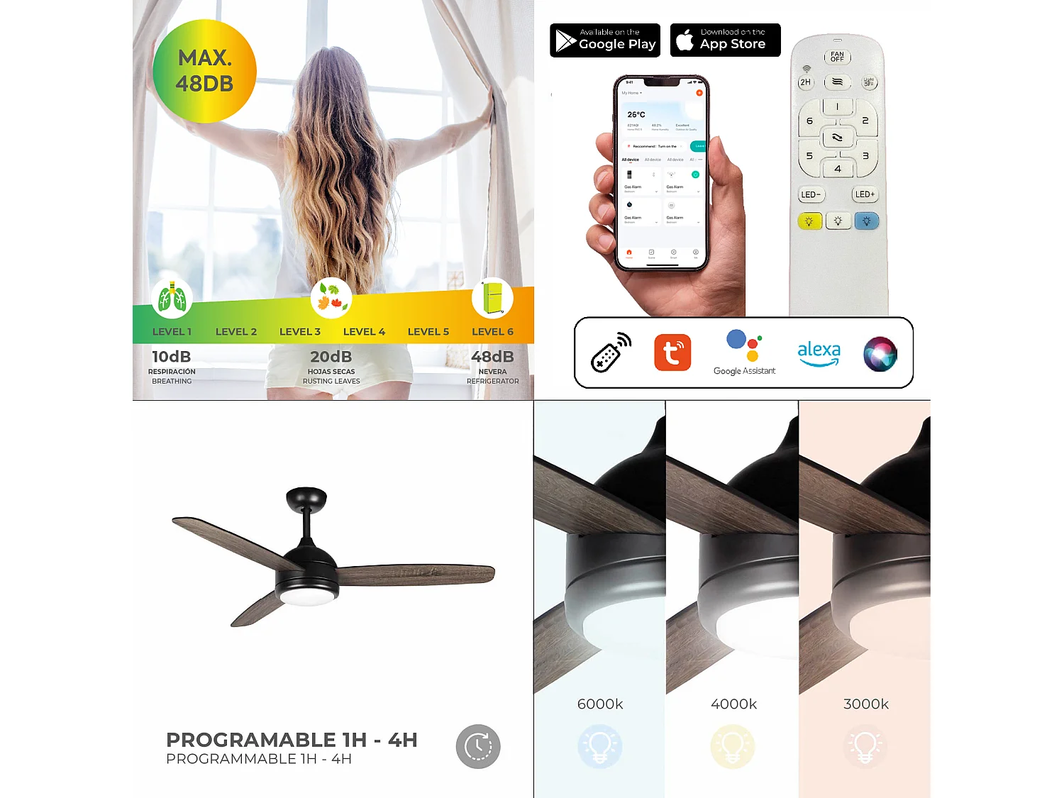 Ventilatore da Soffitto Kekai Siroco Nero DC 132x40cm 55W con Pale in Legno, Luce Regolabile, Timer e Applicazione Smart