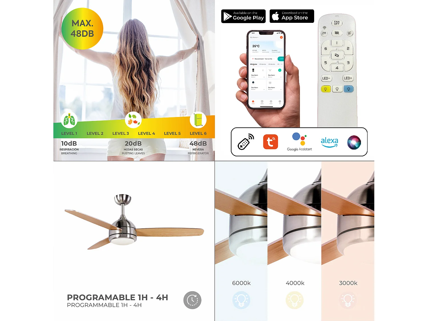 Ventilatore da Soffitto Kekai Siroco Argento DC 132x40cm 55W con Pale in Legno, Luce Regolabile, Timer e Applicazione Smart