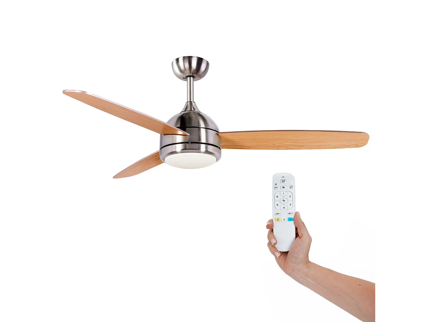 Ventilatore da Soffitto Kekai Siroco Argento DC 132x40cm 55W con Pale in Legno, Luce Regolabile, Timer e Applicazione Smart