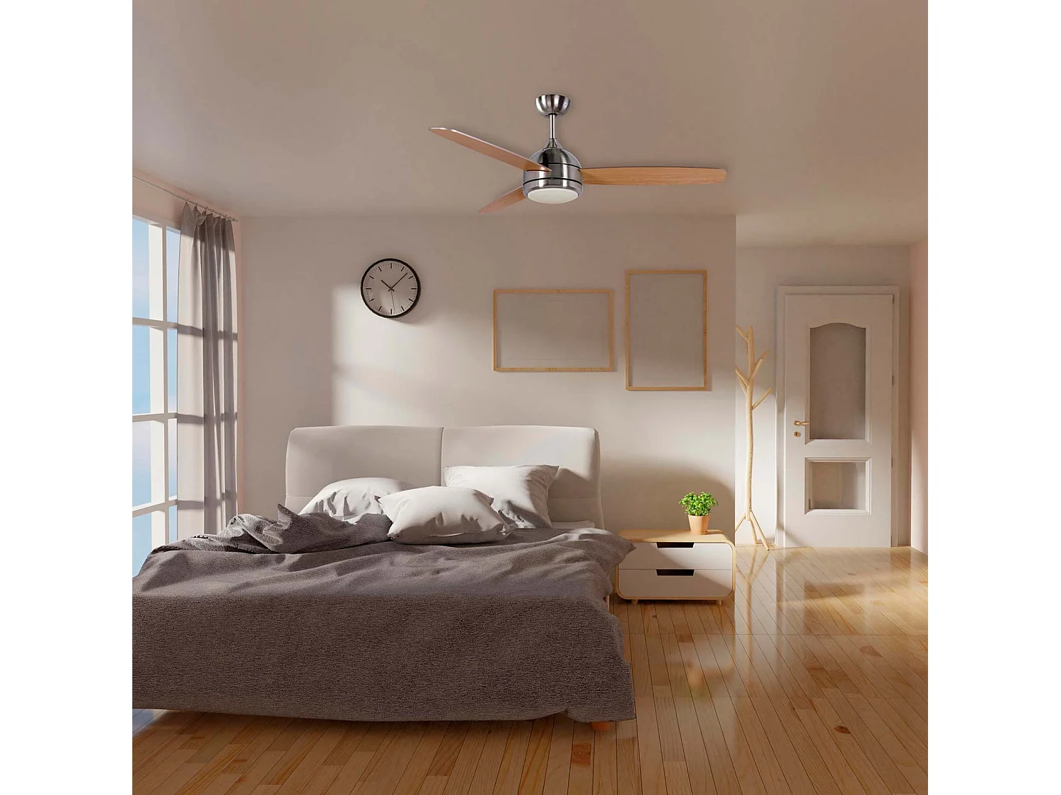 Ventilatore da Soffitto Kekai Siroco Argento DC 132x40cm 55W con Pale in Legno, Luce Regolabile, Timer e Applicazione Smart