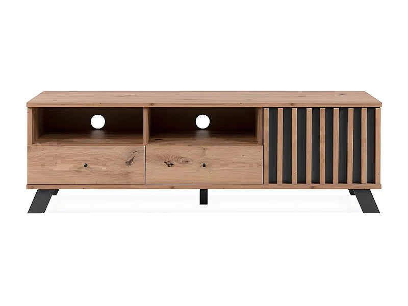 Mobile TV con 1 anta, 2 cassetti e 2 nicchie, decorazione artigianale in rovere, L 138 cm - Lublino