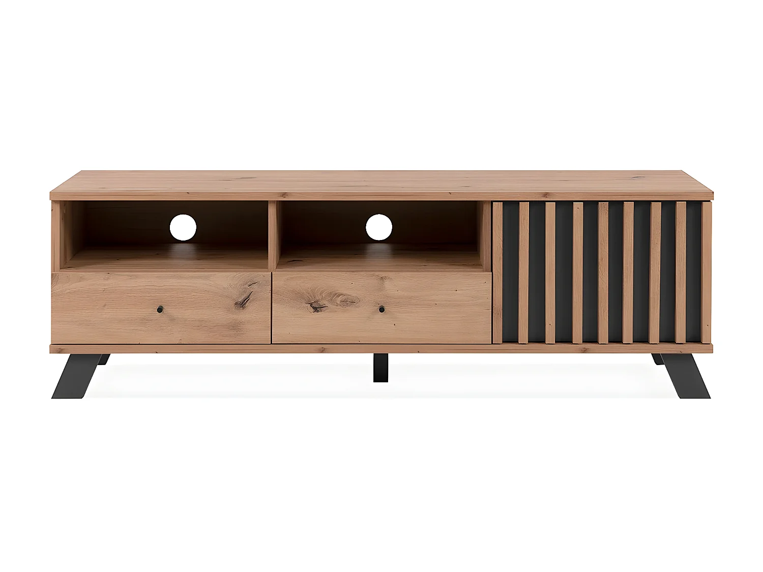 Mobile TV con 1 anta, 2 cassetti e 2 nicchie, decorazione artigianale in rovere, L 138 cm - Lublino