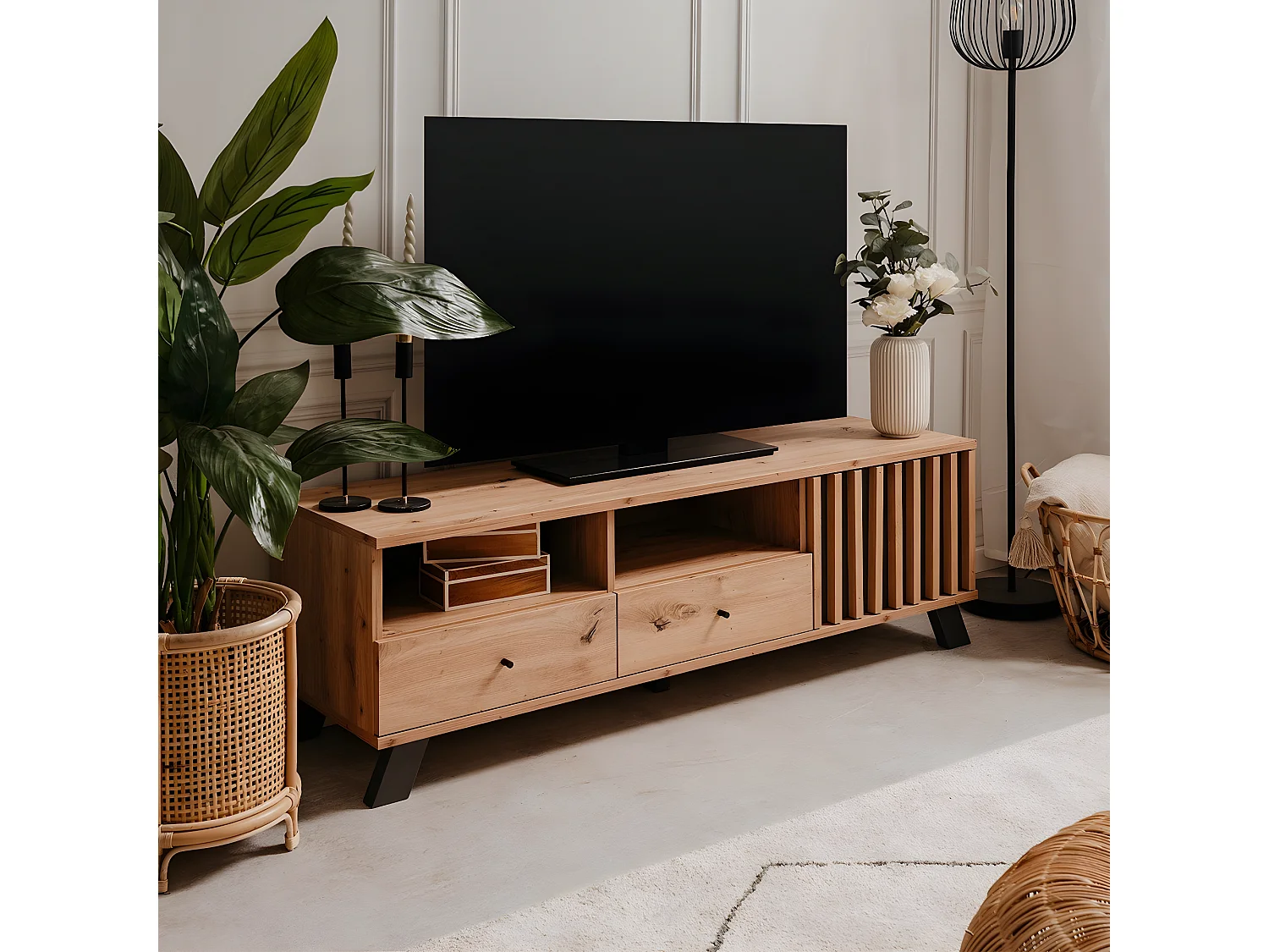 Mobile TV con 1 anta, 2 cassetti e 2 nicchie, decorazione artigianale in rovere, L 138 cm - Lublino