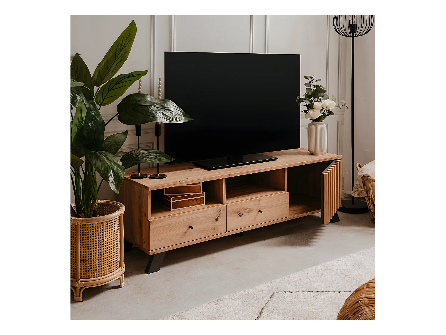 Mobile TV con 1 anta, 2 cassetti e 2 nicchie, decorazione artigianale in rovere, L 138 cm - Lublino