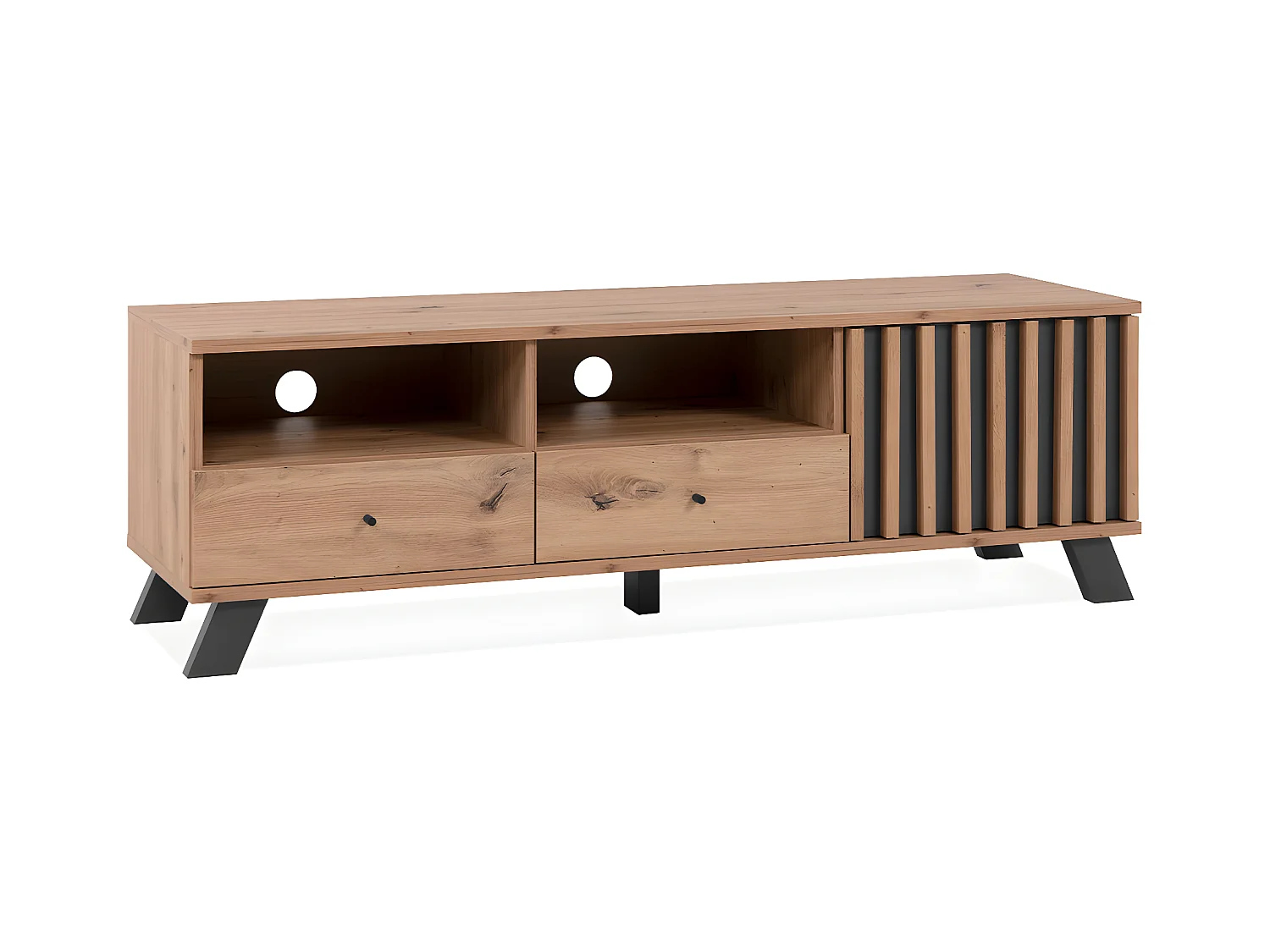 Mobile TV con 1 anta, 2 cassetti e 2 nicchie, decorazione artigianale in rovere, L 138 cm - Lublino